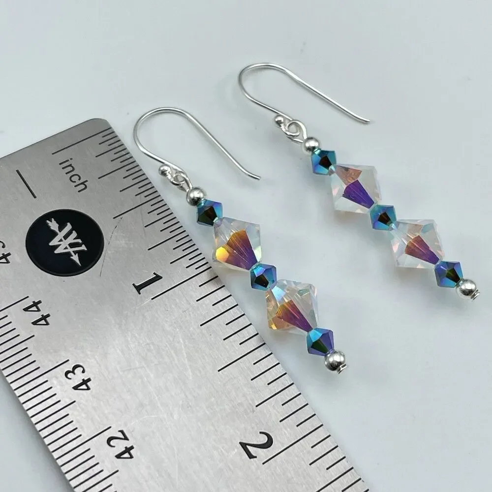 Made With Swarovski Crystals White AB Teal Blue Beaded Sterling Silver Earrings